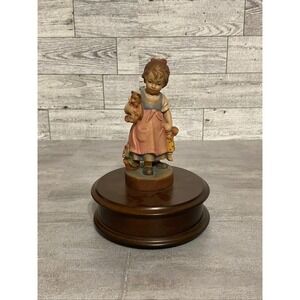 ANRI? Dolfi? Music Box REUGE Teddy Bear's Picnic VTG Hand Carved Wood Girl Works